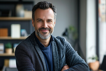 office, happy, portrait of a businessman in his 40s, looking at the camera, random clothes. modern style