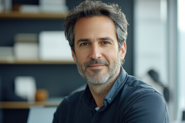 Fototapeta premium office, happy, portrait of a businessman in his 40s, looking at the camera, random clothes. modern style