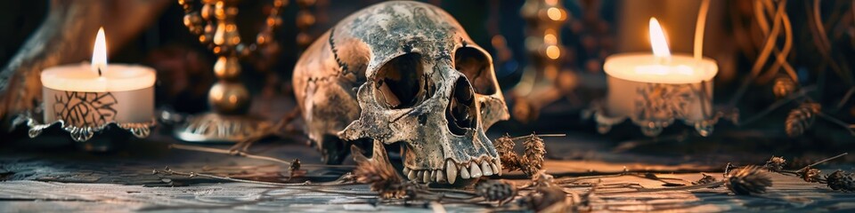 Fototapeta premium Witchcraft Altar Featuring Cat Skull and Enchanted Candles