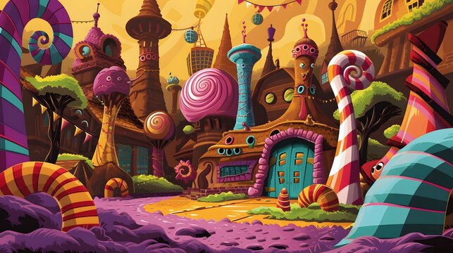 A whimsical  illustration of Willy Wonkas Chocolate Factory AI generated illustration
