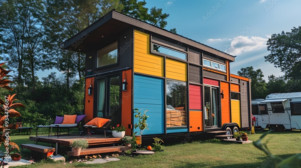 Poster a wide shot of a tiny house with bright colors emphasizing simple geometric shapes ai generated illu