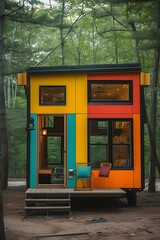 Obraz premium A wide shot of a tiny house with bright colors emphasizing simple geometric shapes AI generated illustration
