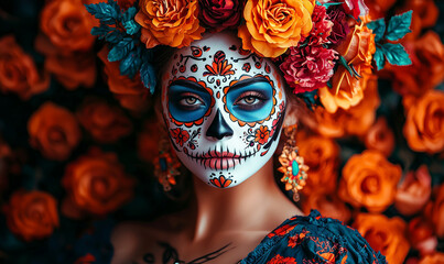 A captivating image of a woman adorned with intricate sugar skull makeup and a vibrant floral crown, celebrating Day of the Dead. The backdrop is filled with orange roses