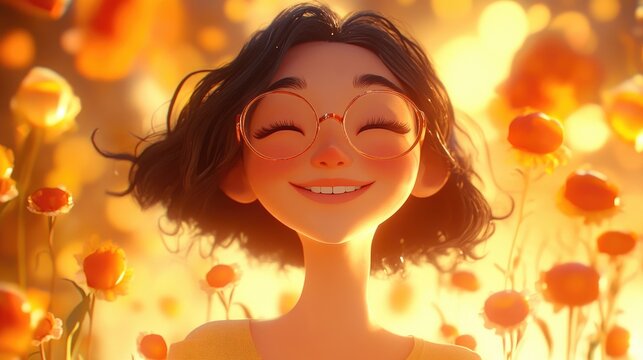 Cheerful female character giggling joyfully on warm toned backdrop in a lively 3D environment engaging with the viewer