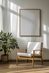A wooden frame containing a minimalistic cinematic modern poster in a well-furnished room AI generated illustration