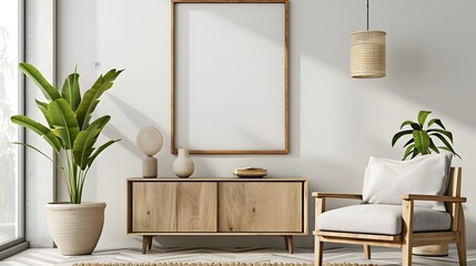 A wooden frame containing a minimalistic cinematic modern poster in a well-furnished room  AI generated illustration
