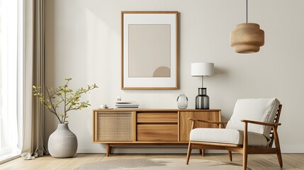 A wooden frame encapsulates a minimalistic cinema poster in a contemporary room setting  AI generated illustration