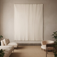 Minimalist living room with a large, empty frame. Perfect for mockups or interior design projects. Blank canvas for your creative vision.
