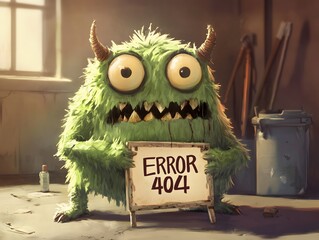A cute, fluffy, funny and green monster holding an error 404 sign in a cluttered workshop during daylight. Painted illustration. .