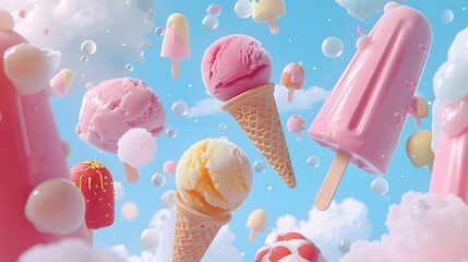 A world of floating 3D ice cream cones and popsicles  AI generated illustration