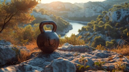 A zoomed-in view of a kettlebell overlooking a nature landscape  AI generated illustration