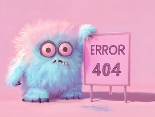 monster holding an error 404 sign against a pastel pink background, representing a playful take on internet errors in a whimsical style. Painted illustration.