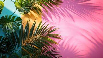 Palm leaves casting shadows on pastel colors. Perfect for a summer-themed background.