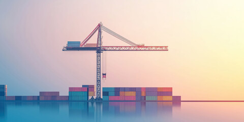Obraz premium Industrial Crane Overlooking Colorful Shipping Containers at Sunset in a Seaport