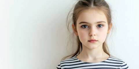 Fototapeta premium Portrait of a Young Girl with Striped Shirt and Thoughtful Expression Against Light Background