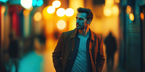 Stylish Man Walking in Vibrant Urban Night Scene with Bokeh Lights