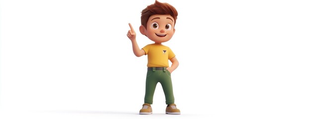 Cool character in a yellow tee and green pants pointing to the sky set against a white backdrop