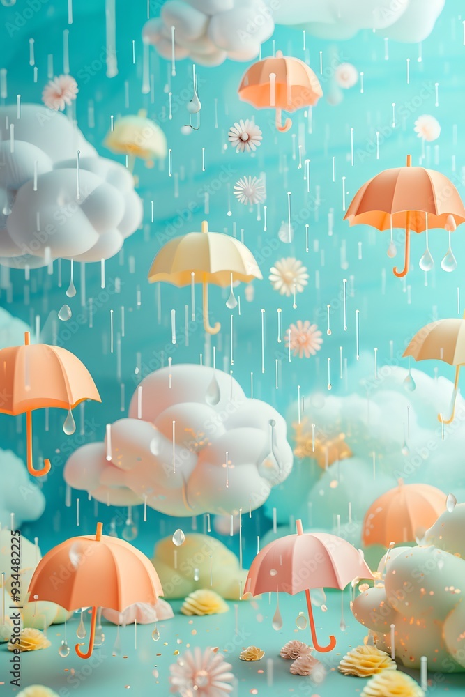 Poster abstract array of rainy-day elements floating in a pastel 3d scene ai generated illustration