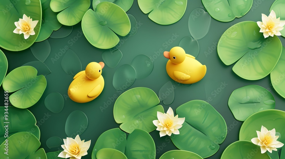 Poster abstract background of floating 3d ducklings and lily pads ai generated illustration