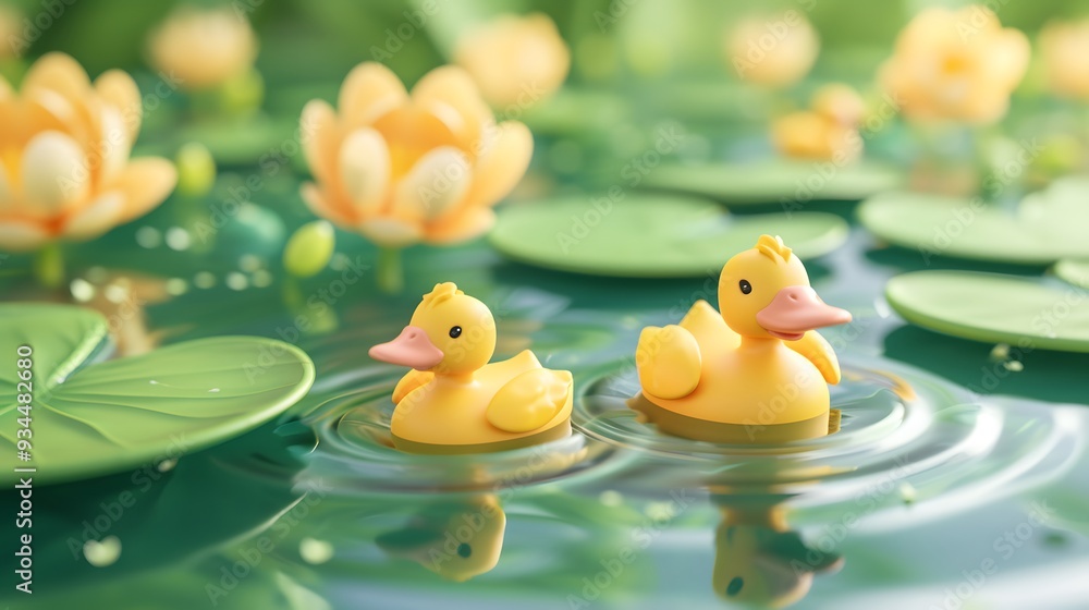 Poster abstract background of floating 3d ducklings and lily pads ai generated illustration