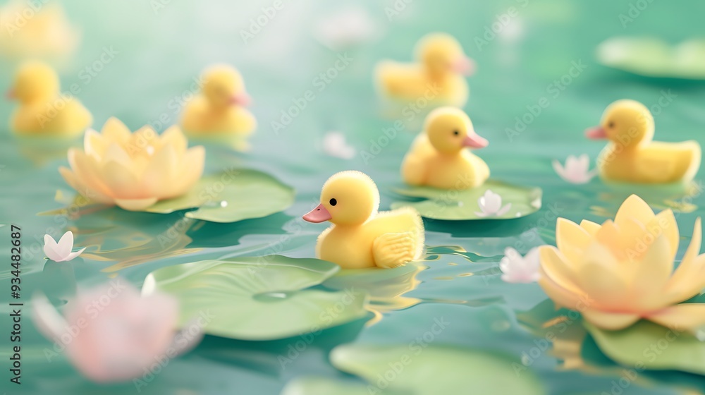 Poster abstract background of floating 3d ducklings and lily pads ai generated illustration