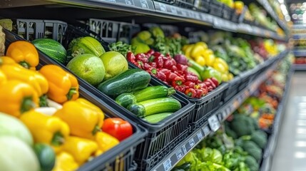 Fresh produce on supermarket shelves. Ideal for illustrating grocery shopping, healthy eating, or supermarket aisle themes.