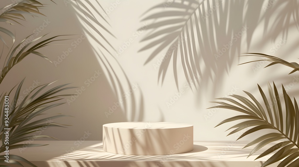 Poster abstract background with an empty podium under a delicate shadow of tropical palm leaves intended fo