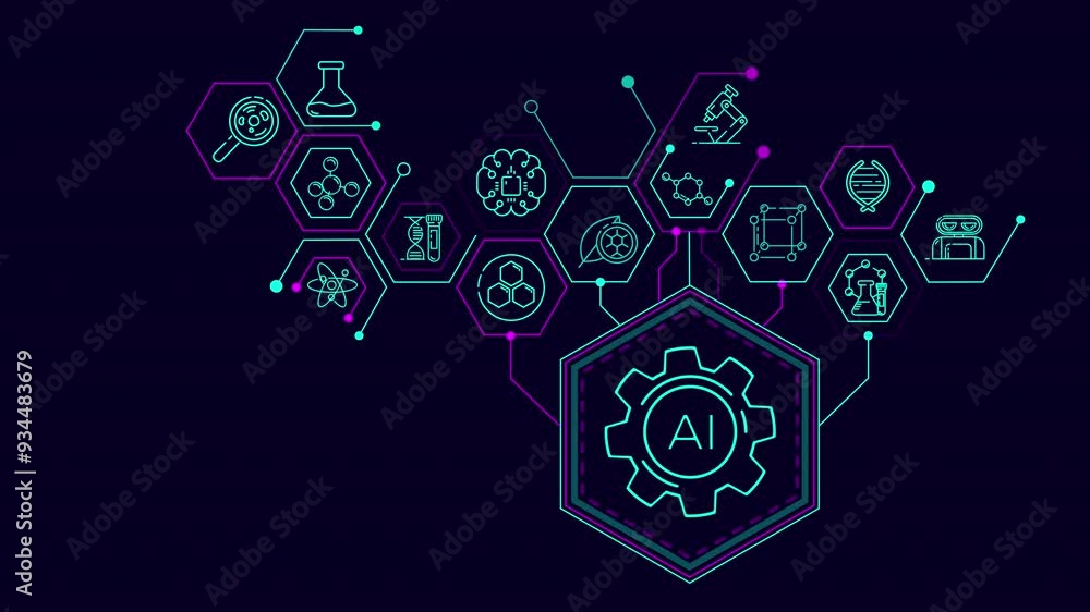 Poster animation of infographic diagram about artificial intelligence in science.
