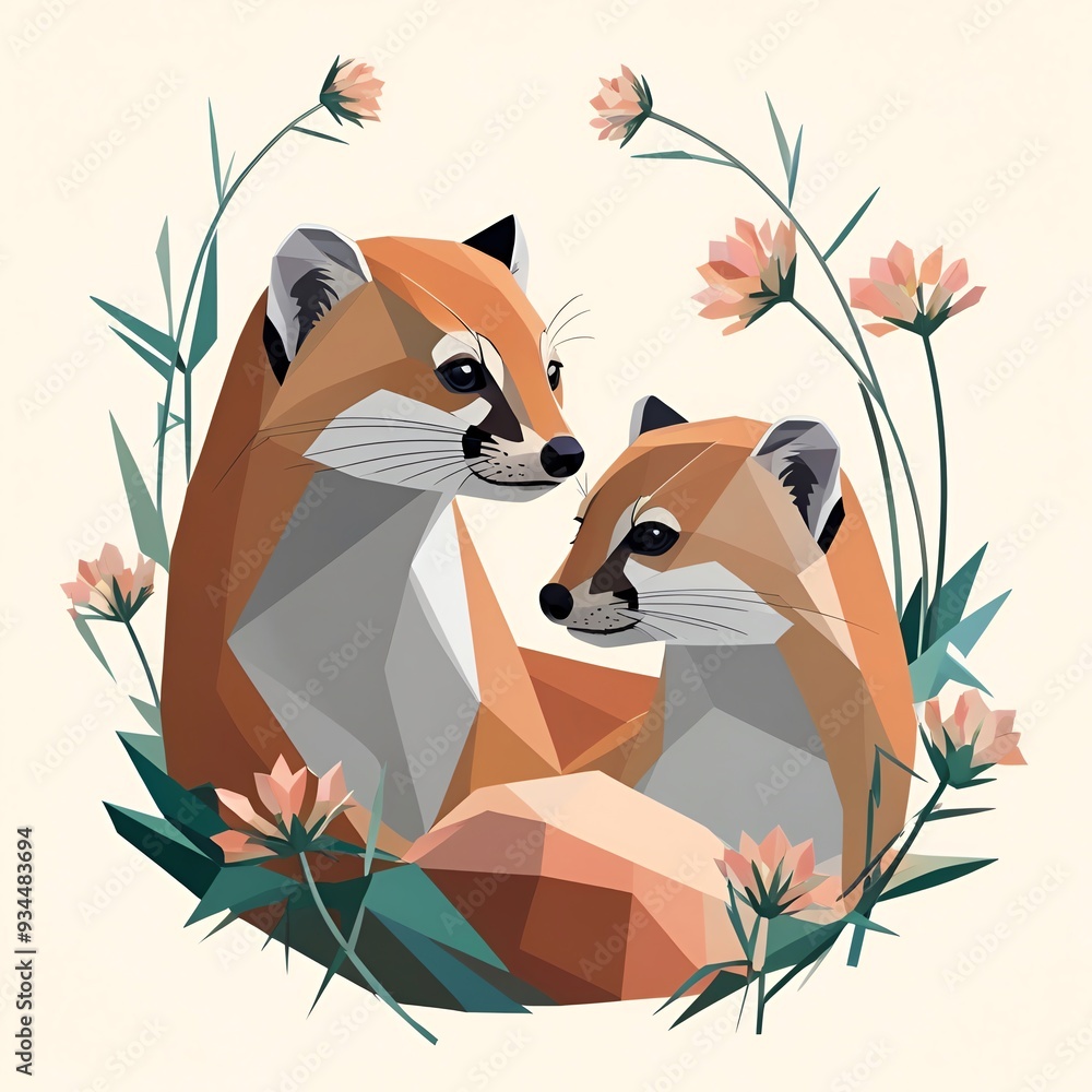 Sticker two baby foxes are sitting in a flowery background