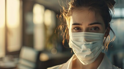Young female office worker in a medical mask promoting safety measures in the workplace and practicing social distancing.
