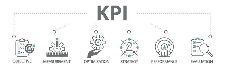 KPI banner icon, objective, measurement, optimization, strategy, performance and evaluation vector illustration concept