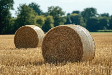 Hay bales in a field with trees in the background. This photo depicts a harvested field with bales, perfect for agricultural, rural, or farming themes.