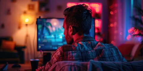 Obraz premium Individual participating in a competitive esports event on a computer featuring online games and digital challenges; gaming and technology aficionado streaming an online competition from a low-light