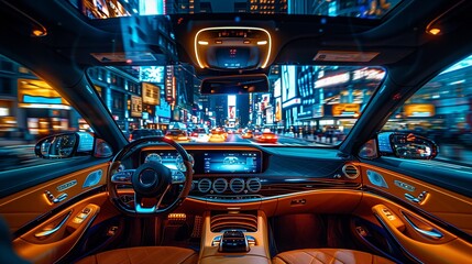 Fototapeta premium Luxurious Car Interior Driving Through Colorful City Lights at Night
