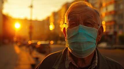 Obraz premium Senior man in a medical mask during summer.