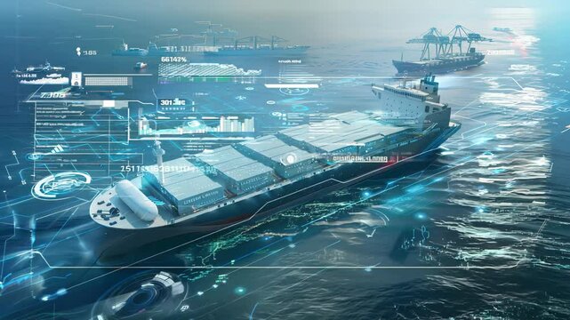 A futuristic cargo ship navigates a digital world map, symbolizing global trade and technology advancements.