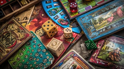 Fototapeta premium A Close-Up of Dice and Cards on a Tabletop Game