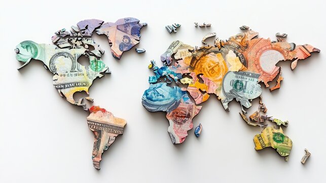 Colorful puzzle pieces of the world map arranged with various currency notes highlighting global economics and international trade