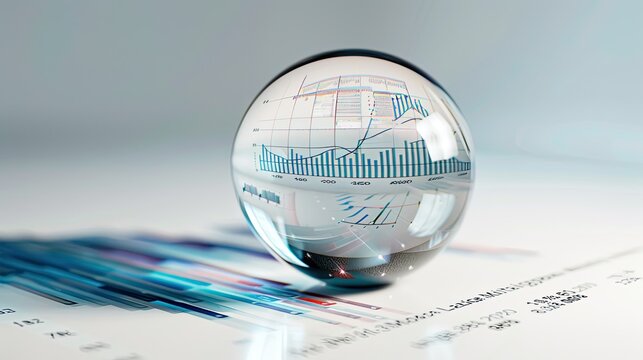 A clear glass sphere reflecting financial graphs on a desk in a modern office environment 