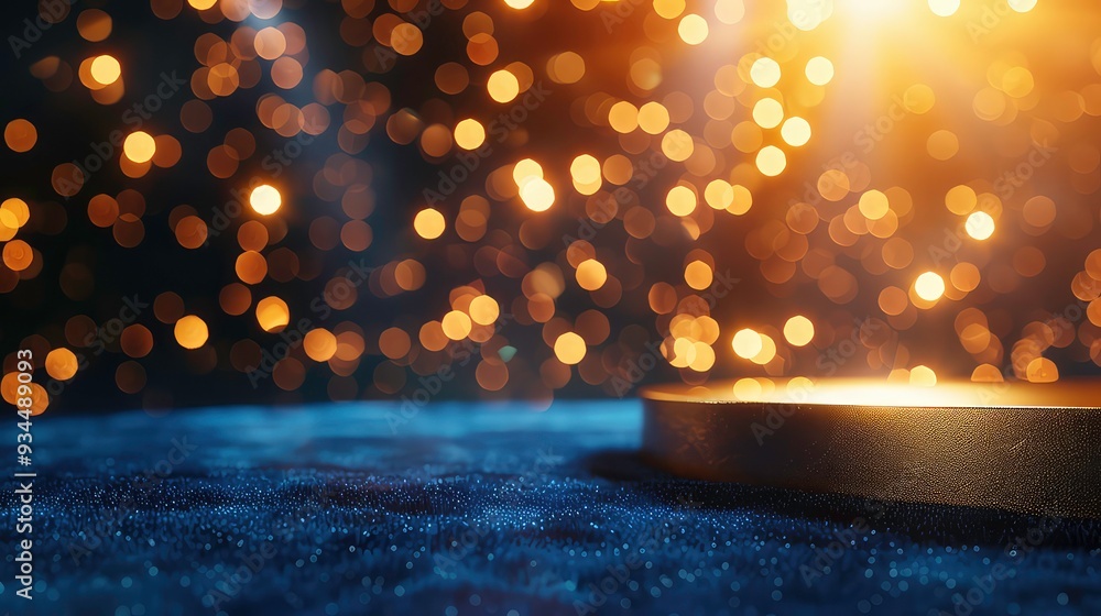 Poster a golden circle sits on a dark blue background with bokeh lights behind it.