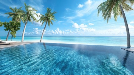 An infinity pool overlooking a tranquil beach. Perfect for showcasing luxury travel, relaxation, or tropical destinations.