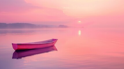 Naklejka premium A lone wooden boat sits on a still lake at sunrise, surrounded by fog and a pink sky. The reflection of the boat and the sun create a tranquil and serene scene.