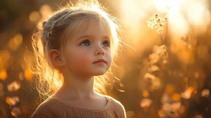 Fototapeta premium Little girl looking up at sunset in field.