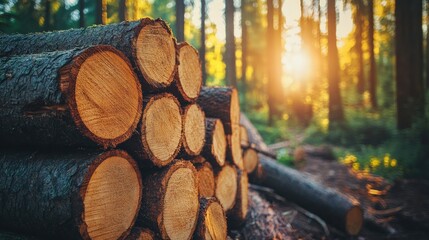 Stacked logs in a forest, bathed in golden sunlight. A close-up image ideal for illustrating concepts of forestry, nature, and resource management.