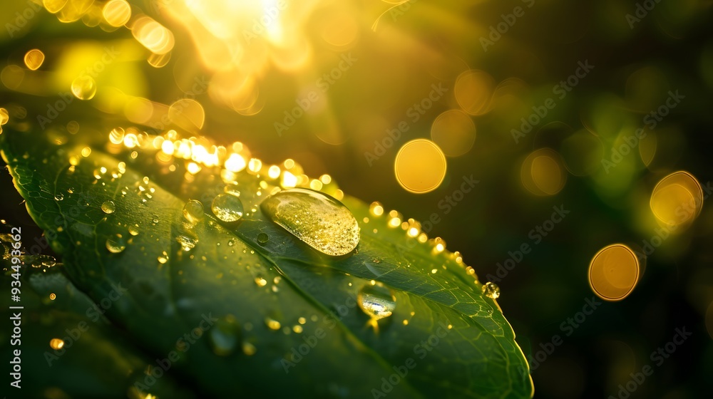 Poster abstract macro view of a sparkling raindrop on a leaf during dawn showing the bursts of sunlight ai 