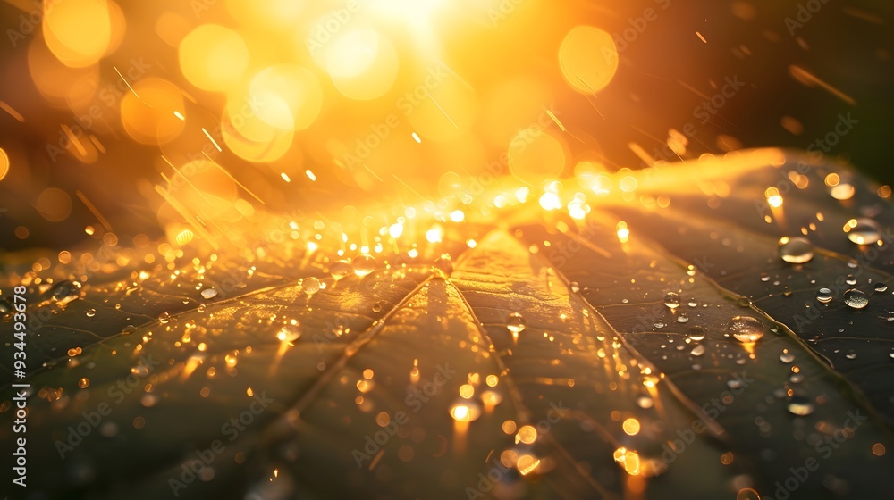 Poster abstract macro view of a sparkling raindrop on a leaf during dawn showing the bursts of sunlight ai 