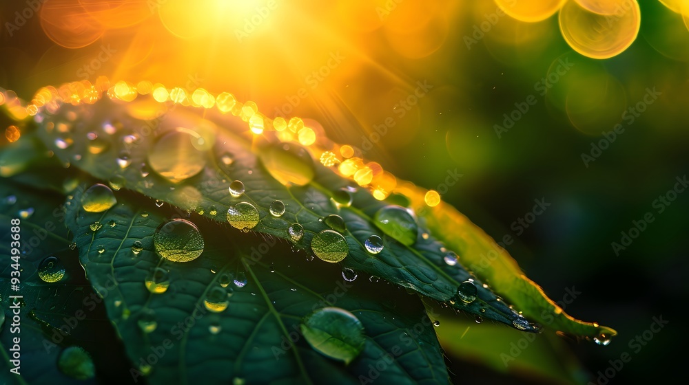 Aufkleber abstract macro view of a sparkling raindrop on a leaf during dawn showing the bursts of sunlight ai 