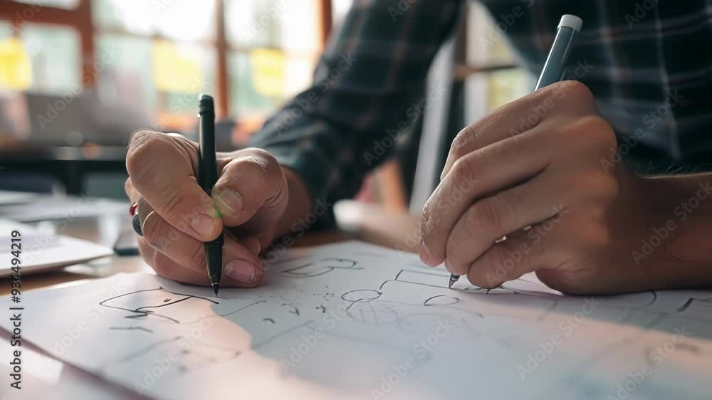 Poster ux designer is sketching a user interface for a mobile application, drawing wireframes and prototype