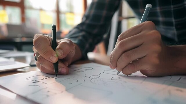 Ux designer is sketching a user interface for a mobile application, drawing wireframes and prototypes for innovative production