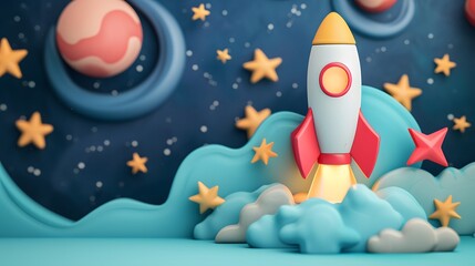 Adorable space theme with 3D abstract stars and rocket AI generated illustration